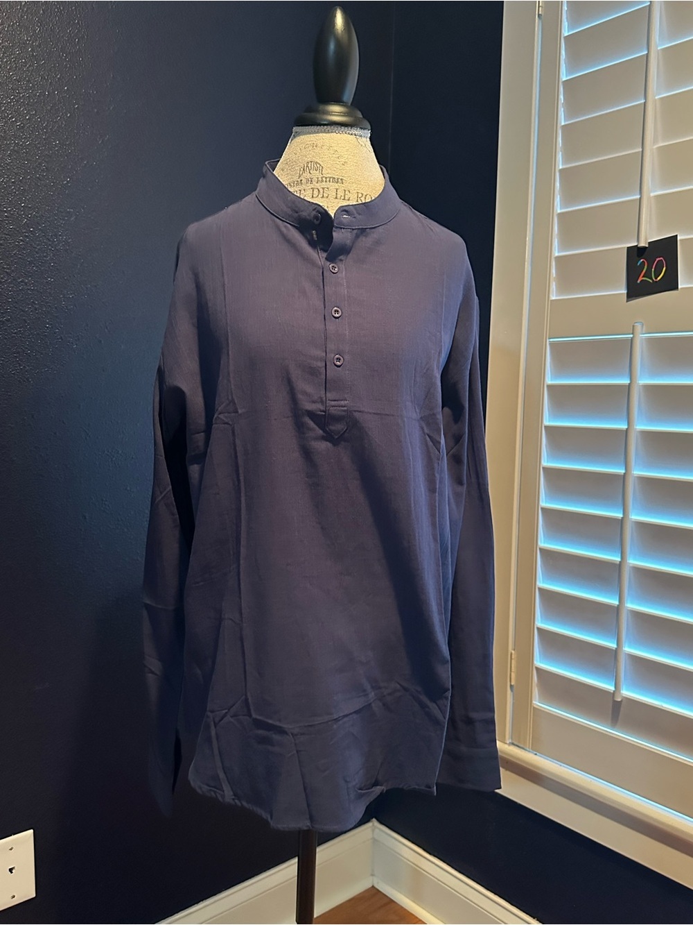 Men's Casual Navy Button-Down Henley Shirt Cotton/Hemp Blend